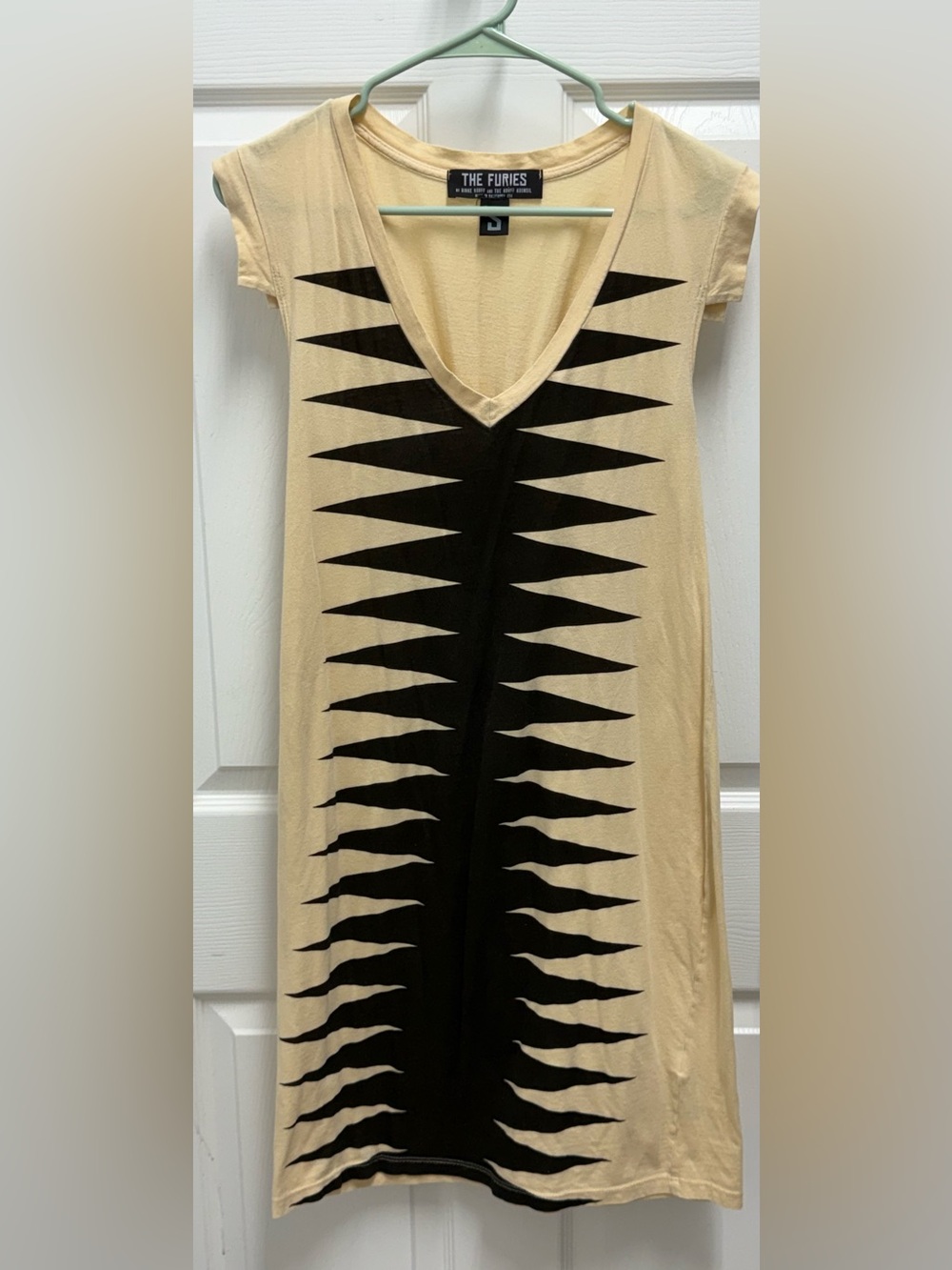 The Furies Rikke Korff Cream Black Graphic V Neck Mini Dress Size S